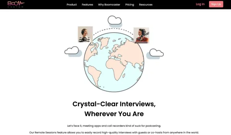 Boomcaster remote podcasting feature allowing users to record crystal-clear interviews with guests from anywhere in the world.
