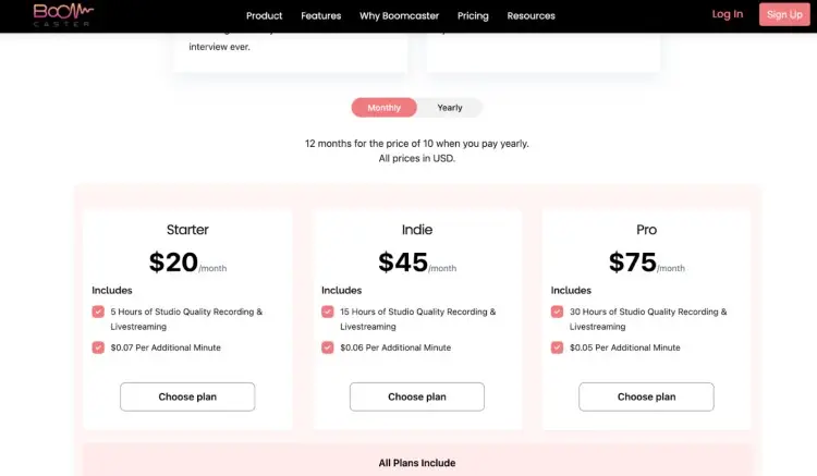 Boomcaster pricing plans showing Starter, Indie, and Pro options with studio-quality recording and livestreaming hours."