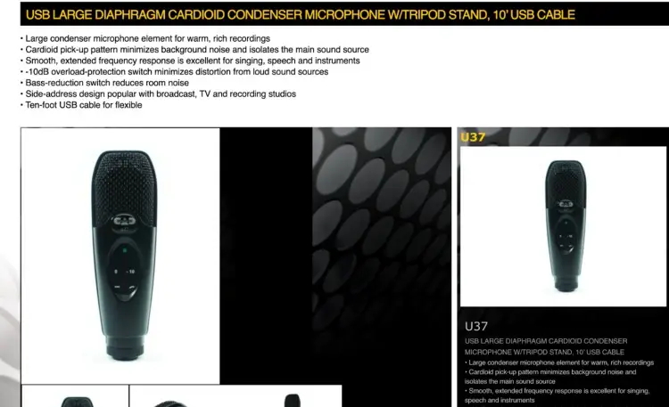 CAD U37 large diaphragm USB condenser microphone product listing featuring specifications, including cardioid pickup pattern, bass-reduction switch, and tripod stand.
