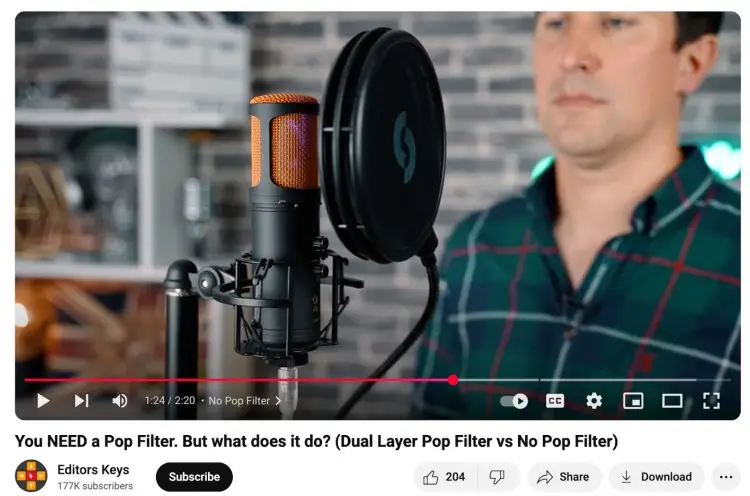 Editor’s Keys YouTube video explaining the difference between a pop filter and no pop filter for voice actors and recording.