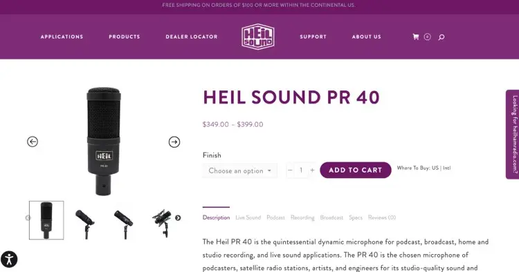 Heil PR 40 dynamic microphone product page showcasing a top-tier mic for podcasting and professional recording studio use.