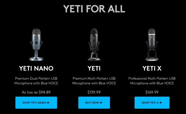 High-quality Blue Yeti microphone options including Yeti Nano, Yeti, and Yeti X models with premium USB features and Blue VO!CE technology.