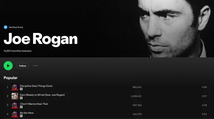 Joe Rogan’s Spotify artist page displaying his popular music tracks, highlighting his influence in both podcasts and Spotify media formats.