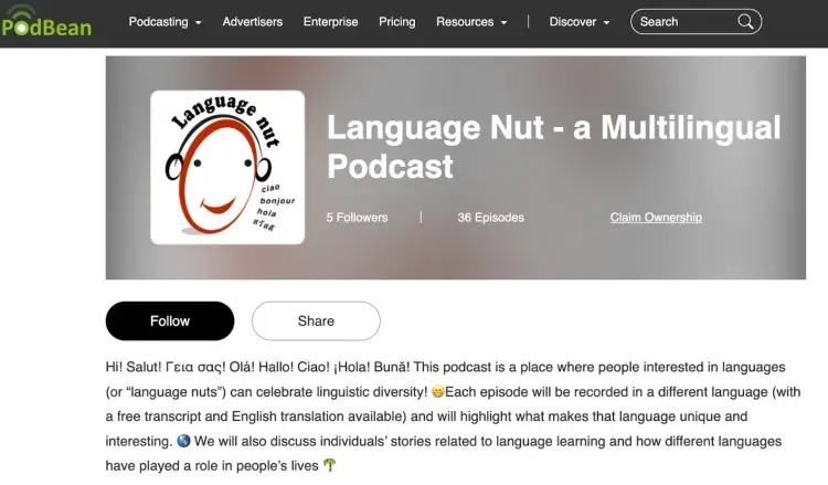 Screenshot of the Language Nut podcast on PodBean, a multilingual show offering free transcription and English translations for each episode.