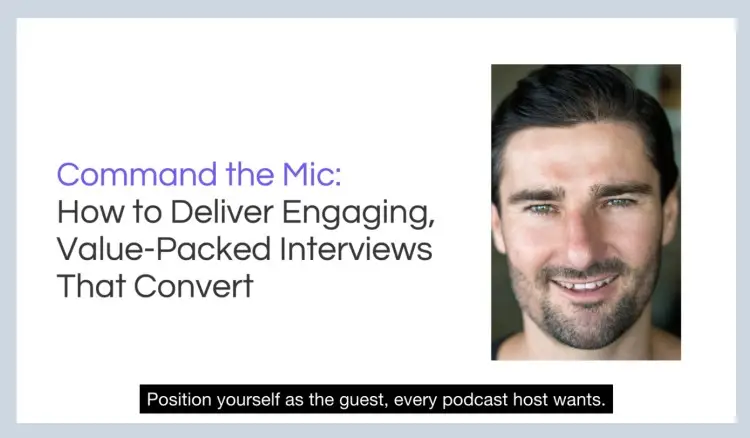 Liam Austin coaching clients on content sharing through a Zoom presentation recording, offering tips on engaging and delivering value-packed interviews.