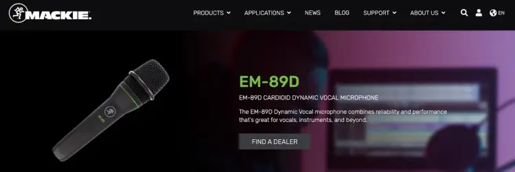 Mackie EM-89D dynamic microphone displayed with a studio background, ideal for vocals, instruments, and podcast recordings.