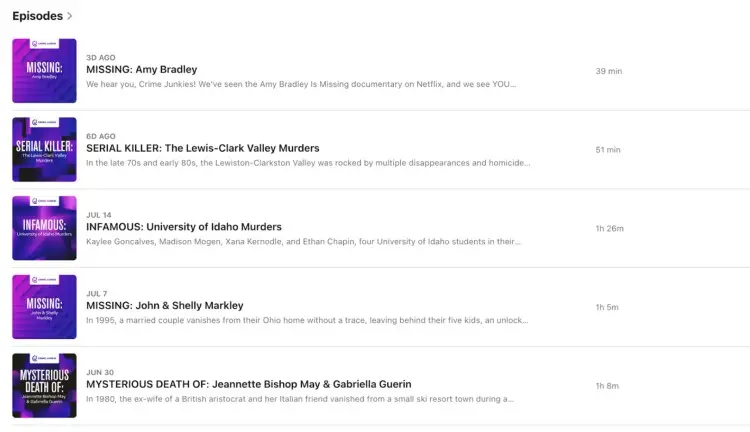 List of true crime podcast episode titles and durations including missing persons and murder cases.