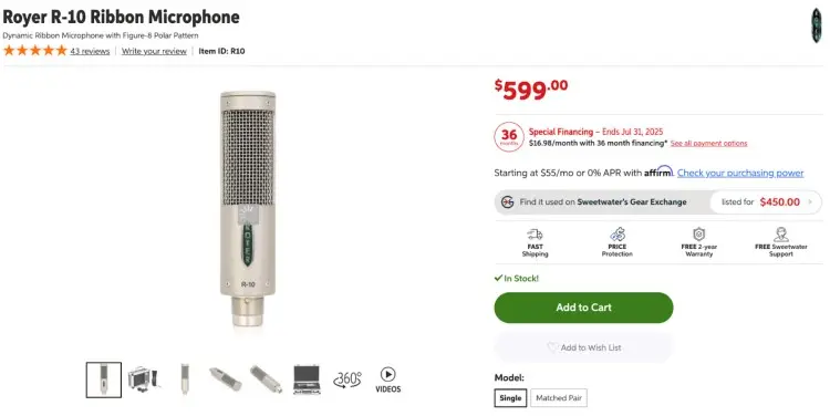 Royer R-10 ribbon microphone product listing showing price, specs, and availability, highlighting what makes it a great option for podcasters who want a vintage sound.