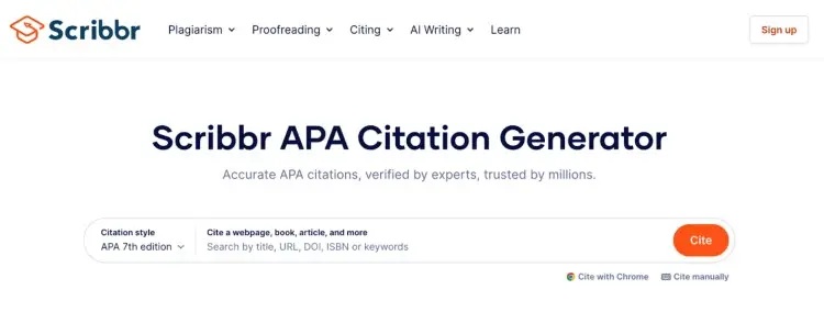 Screenshot of the Scribbr APA Citation Generator homepage, a tool for users who want to cite sources like podcasts, books, and articles using APA 7th edition.