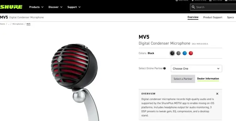 Shure MV5 digital condenser microphone with red grill and black finish displayed on product page.