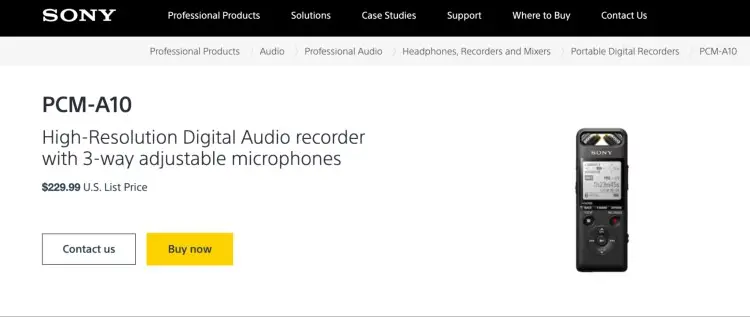 Sony PCM-A10 audio recording device with high-resolution sound and 3-way adjustable microphones.