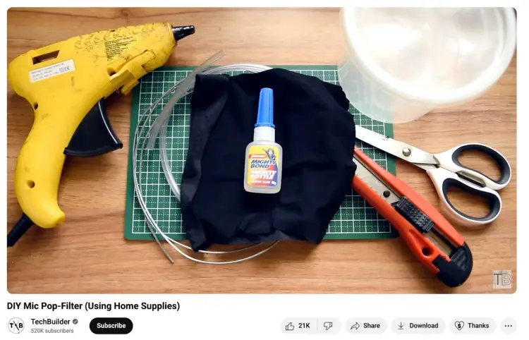 TechBuilder YouTube video tutorial showing how to create a DIY pop filter at home using household supplies.