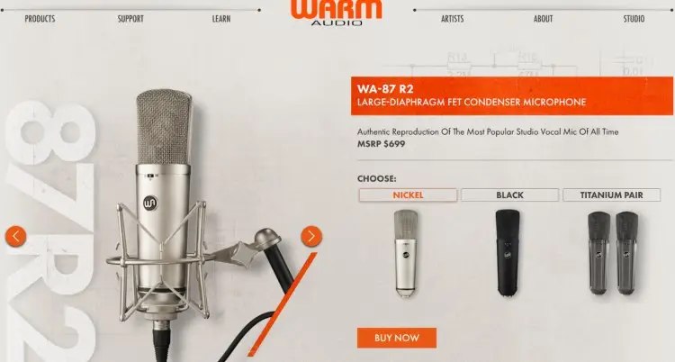 Warm Audio WA-87 R2 large-diaphragm FET condenser microphone in nickel finish with shock mount, designed for high-end studio recording.