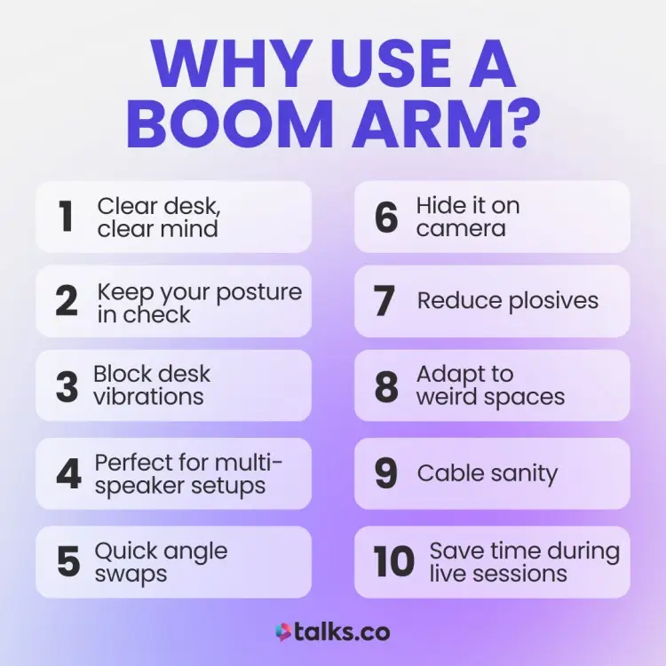 Infographic listing 10 benefits a boom arm can make for your recording setup, including posture, cable management, angle swaps, and blocking desk vibrations