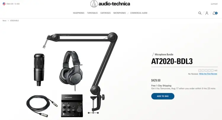 Audio-Technica AT2020-BDL3 microphone bundle with boom arm, headphones, and mixer shown as a value for money audio package