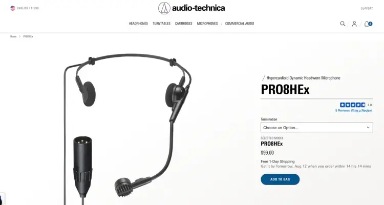 Audio-Technica PRO8HEx dynamic headset microphone designed for clear speech and performance with lightweight on-ear headset design.