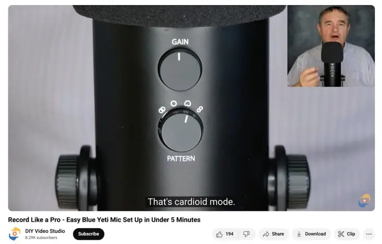 Close-up of Blue Yeti microphone controls with gain and pattern knobs explained in a technical video tutorial