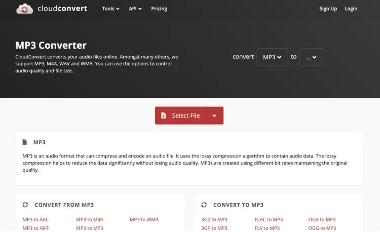 CloudConvert MP3 converter interface for converting WAV and MP3 files online