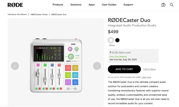 RodeCaster Duo compact mixer for podcasting and content creation with colorful pads and controls