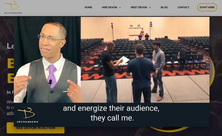 Devon Brown speaking on stage with a behind-the-scenes event setup, showing how to engage and play as an emcee to energize audiences.