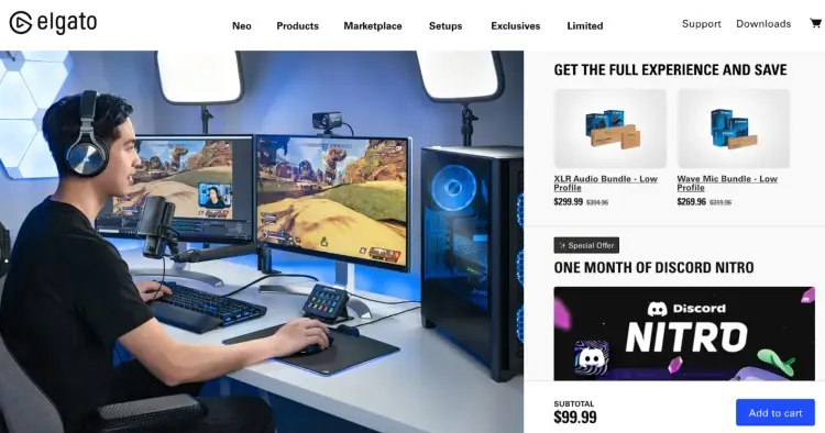 Gamer streaming setup with dual monitors, Elgato Wave mic arm, microphone, and accessories for professional streaming and recording