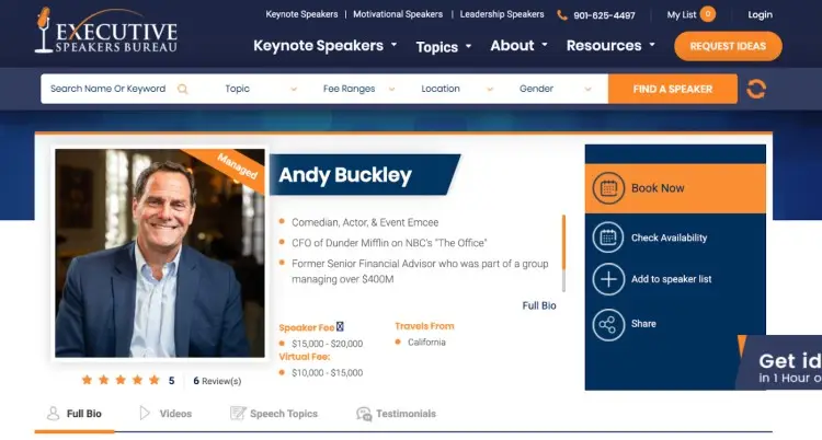 Andy Buckley profile on Executive Speakers Bureau showcasing his background, event emcee role, and speaker fees, helping in understanding how much an emcee can make.