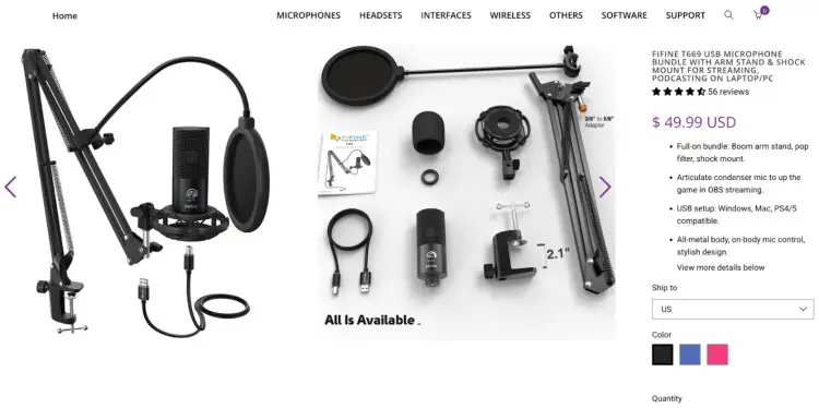 Fifine T669 USB microphone bundle with boom arm, shock mount, and pop filter shown as a complete setup for podcasting and streaming
