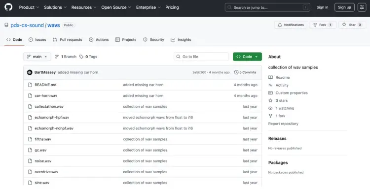 GitHub repository page displaying a collection of sample WAV file downloads