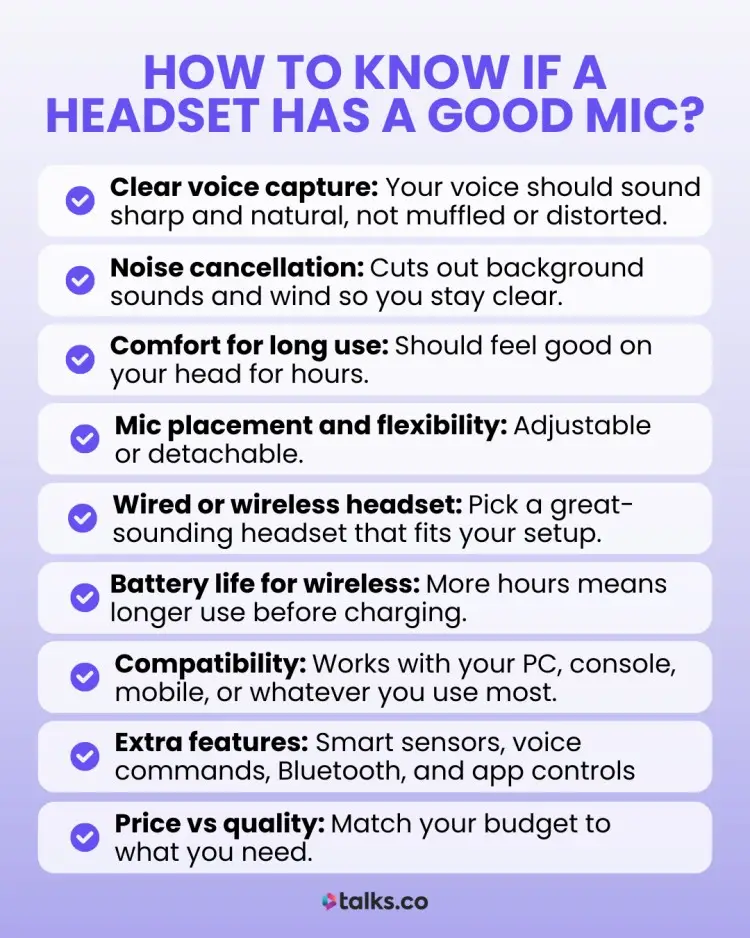Guide showing how to know if a headset has a good mic, with tips on noise cancellation, comfort, mic placement, battery life, and on-ear headset features.