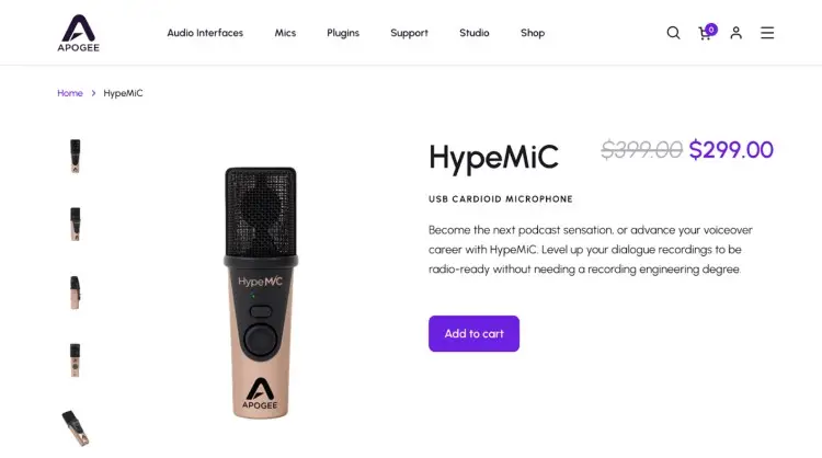 Apogee HypeMiC USB cardioid microphone designed to improve the sound of your recordings for podcasts, singing, and voiceovers