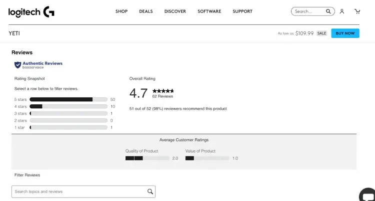 Yeti mic review summary from Logitech with 4.7 star average rating