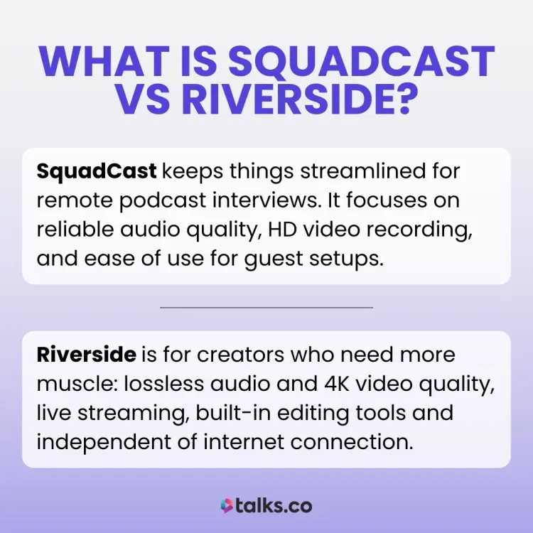 Comparison of SquadCast vs Riverside for podcasting, detailing features for remote interviews, audio and video quality, streaming, and editing tools