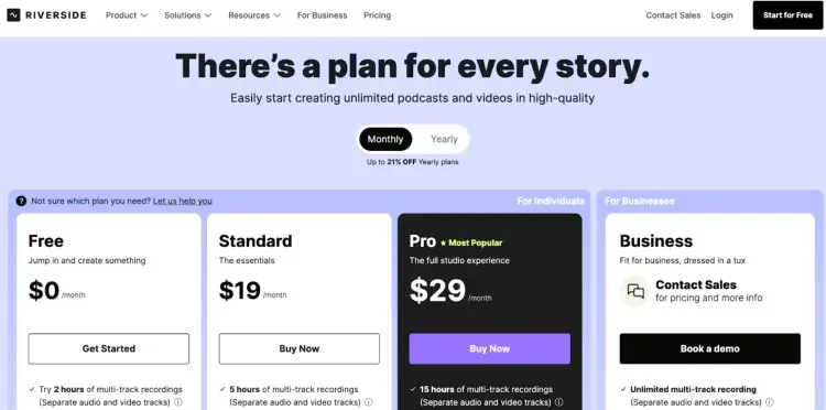 Riverside pricing plans showing options to record video and audio with different features