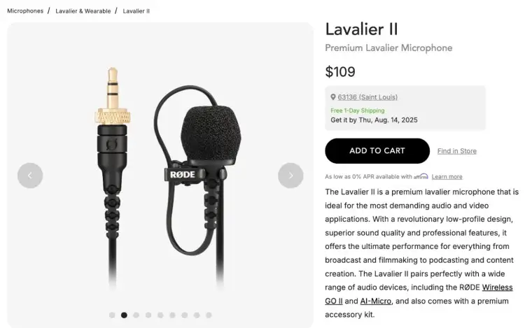 Rode Lavalier II premium microphone compatible with Rode Wireless systems for podcasts, content creation, and video production