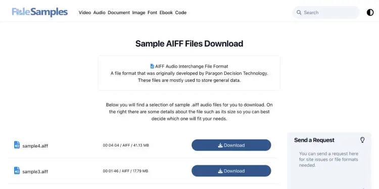 Website page offering sample AIFF files in an audio format developed by Paragon Decision Technology
