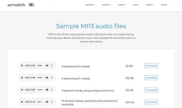 Website page displaying sample MP3 file audio downloads with play buttons and file sizes