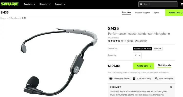 Shure SM35 performance condenser on-ear headset microphone designed for vocalists and performers with professional audio quality