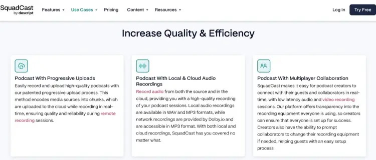SquadCast features page showing podcast tools such as progressive uploads, local and cloud recordings, and multiplayer collaboration with high video quality.