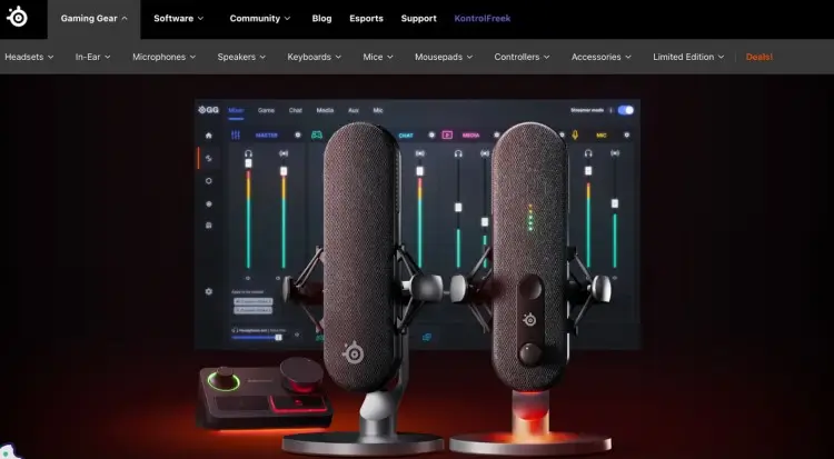 SteelSeries Alias USB microphones come with RGB lighting, shown on a desktop setup with audio software
