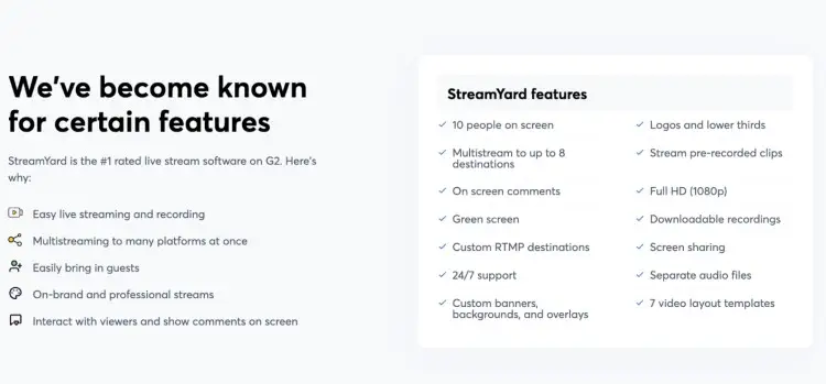 List of features StreamYard comes with for live streaming, including multistreaming, green screen, and screen sharing