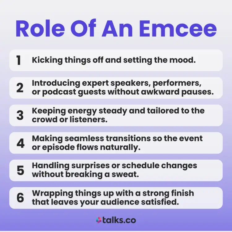 Understanding the role of an emcee with six key responsibilities for hosting events or podcasts.