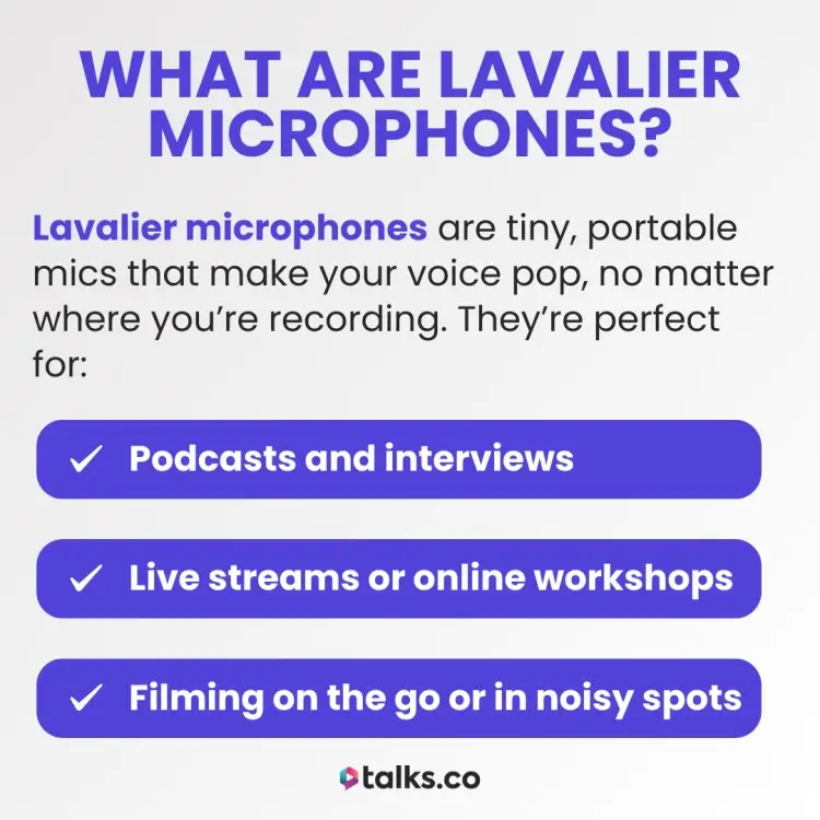 Guide explaining benefits of using a lavalier microphone for podcasts, interviews, live streams, and filming on the go