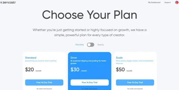 Zencastr pricing page showing three plans with monthly rates and free trials