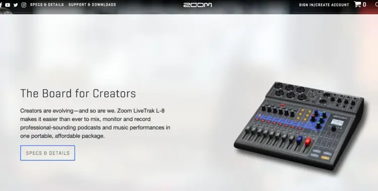 Podcasting audio mixer Zoom LiveTrak L-8 board for creators with controls and inputs