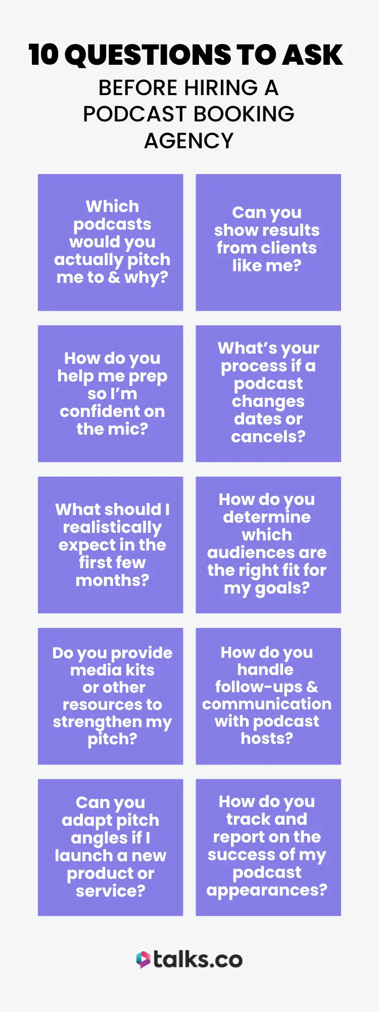 nfographic showing 10 questions to ask before hiring a great podcast booking agency, covering pitching, preparation, audience fit, media kits, follow-ups, and tracking success.