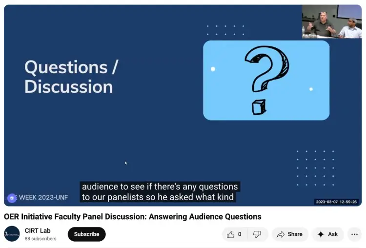 Panel discussion slide showing questions and discussion section during an audience question and answer session with faculty panelists.