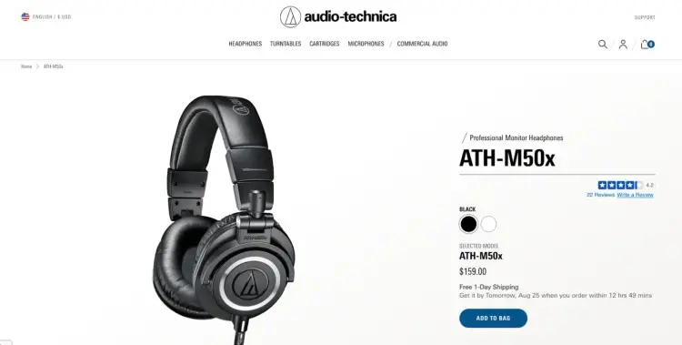 Audio-Technica ATH-M50x professional monitor headphones shown in black, ideal as perfect podcast headphones