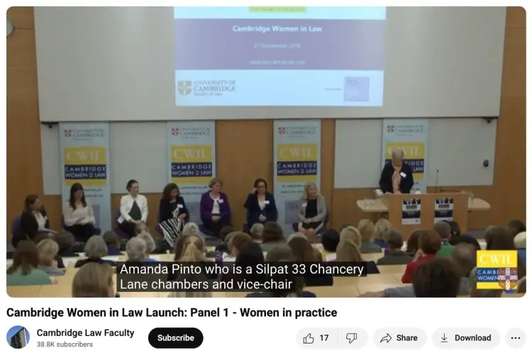 Panel discussion at Cambridge Women in Law event with a brief introduction by the moderator before women in practice share their insights.