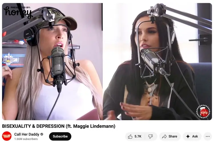Hosts of the Call Her Daddy podcast wearing sony mdr-7506 studio headphones while recording an episode with professional microphones.