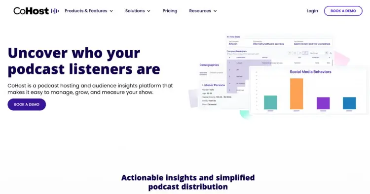CoHost podcast analytics platform homepage showing audience insights, demographics, and social media behavior data to help podcasters understand their podcast listeners.